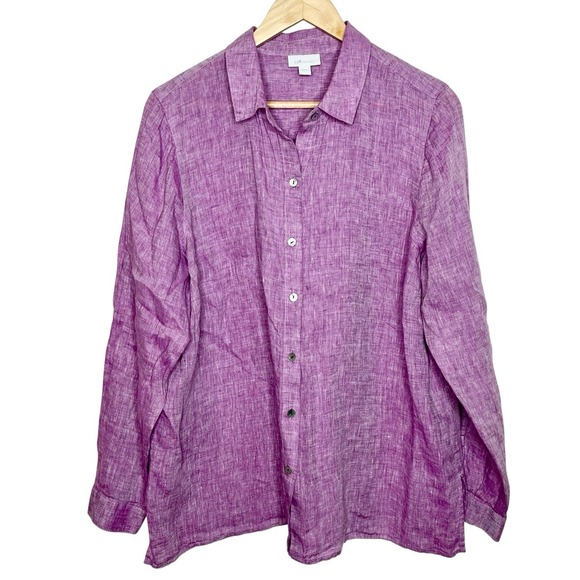 J Jill Love Linen Button Up Shirt Purple Womens Size L Coastal Resort Office - Picture 1 of 7